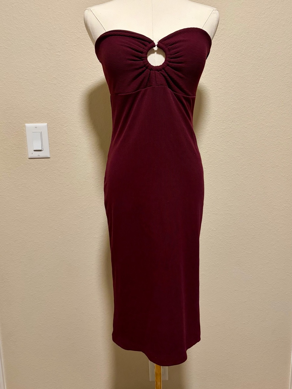 Fashion Nova Strapless Burgundy Midi Dress with O-Ring Detail